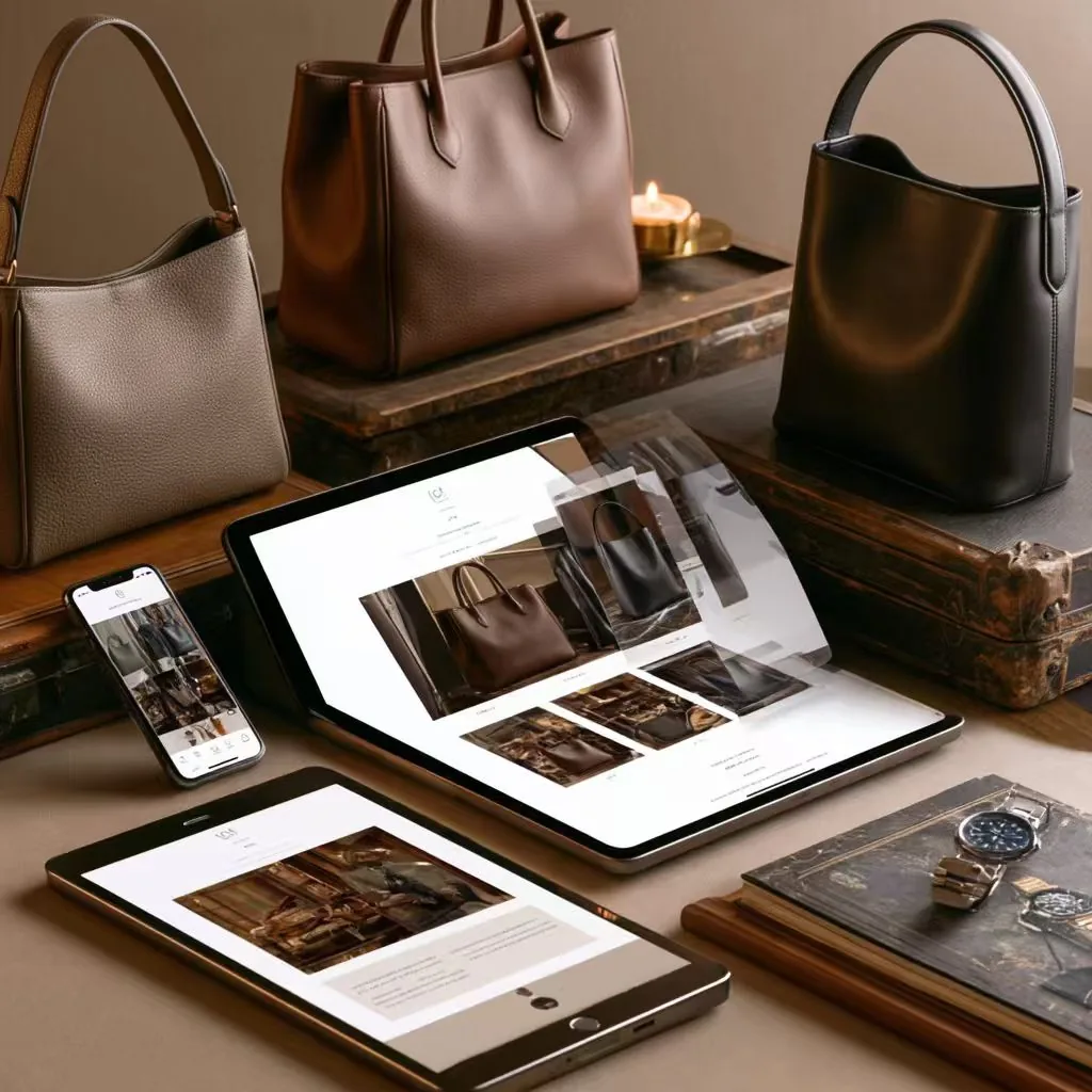 Leather handbags and a watch displayed next to a laptop, tablet and phone showing a luxury product catalogue